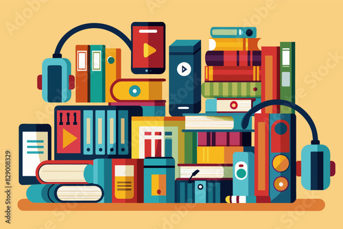 a pile of books with headphones and a phone, A stack of books accompanied by headphones and a mobile phone.
