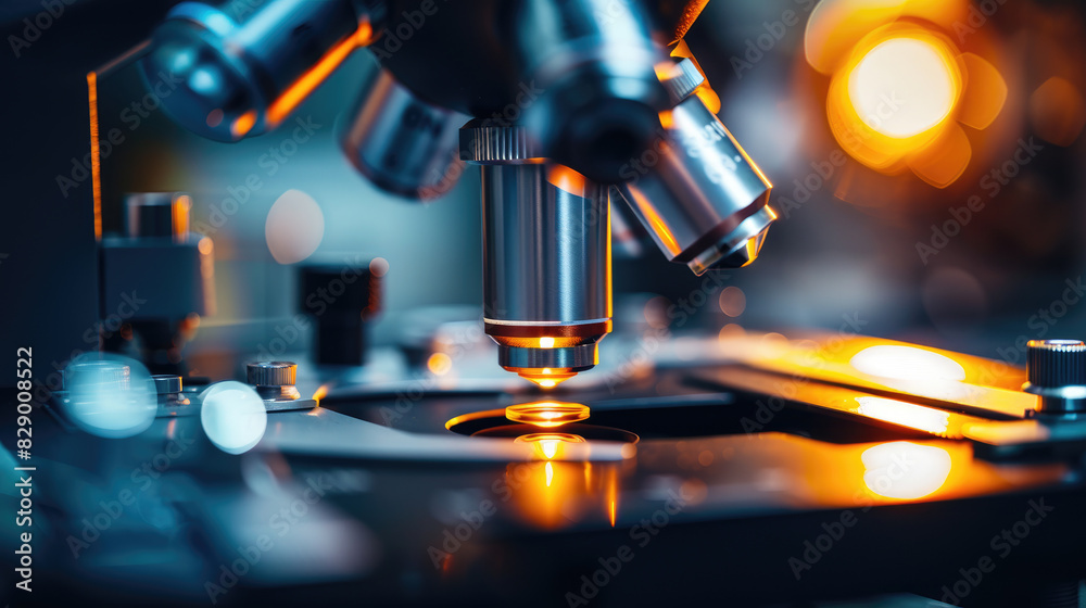 Digital microscope for research in laboratory and light, modern equipment in dark medical lab. Concept of technology, medicine, science, cancer, microbiology and biology