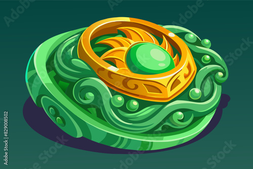 a green and black circular object with a leaf design, A circular object with a leaf design in green and black coloration.