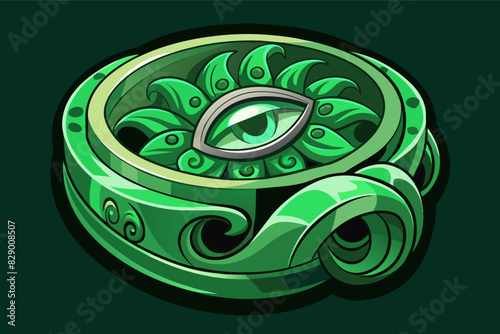 a green and black circular object with a leaf design, A circular object with a leaf design in green and black coloration.