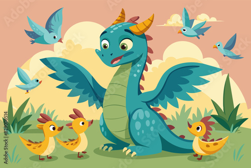 a cartoon dragon with many birds around it, An illustration of a whimsical dragon surrounded by a group of birds.