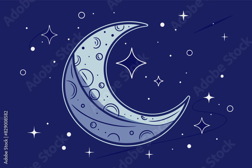 a cartoon moon with stars in the sky, An animated moon surrounded by twinkling stars in the nighttime sky.