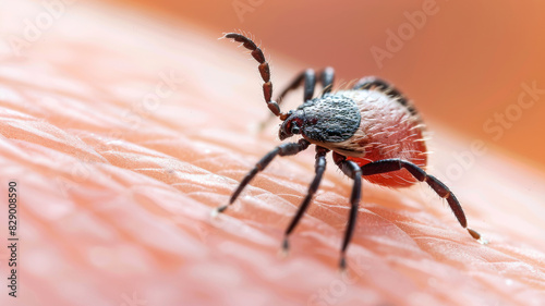 Deer tick on human skin, macro view of black mite on body, insect parasite close-up. Concept of bite, encephalitis disease, animal, nature, background photo