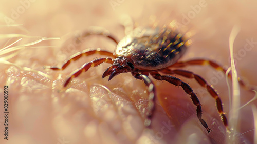 Deer tick on human skin, macro view of black mite on body, insect parasite close-up. Concept of bite, encephalitis disease, animal, health. photo