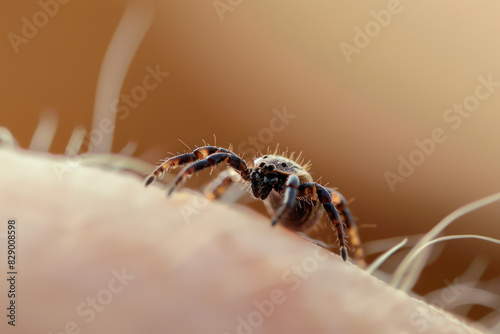 Black tick on human skin closeup, macro view of mite on body, insect parasite. Concept of bite, encephalitis disease, nature, health, arachnid, background. photo