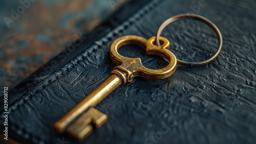A golden antique key on a textured black surface. © SashaMagic