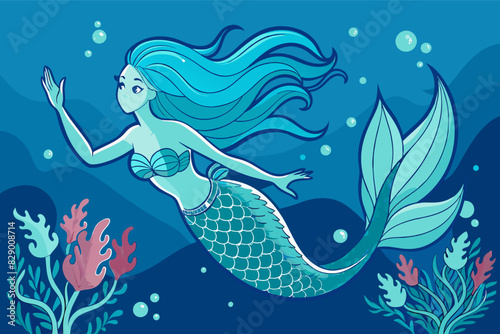 a mermaid with blue hair swimming in the ocean, An aquatic creature with hair the color of the ocean's depths gracefully swims in the sea.