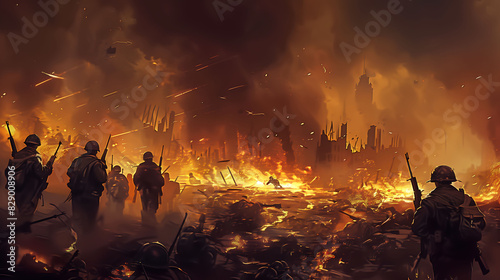 Intense scene of soldiers advancing through a burning battlefield with fiery skies and falling debris