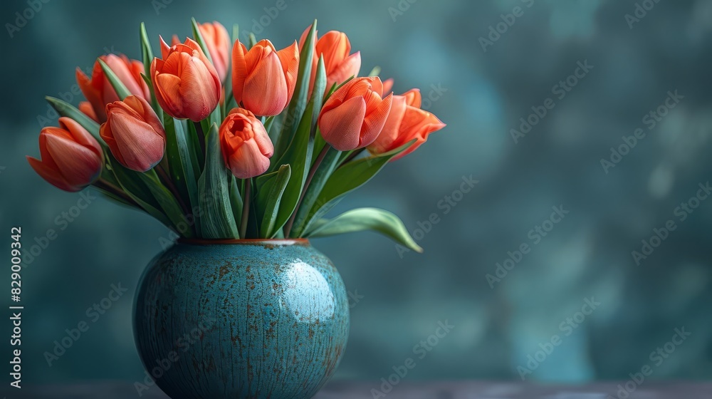 Vibrant tulips in a sleek metal vase, modern minimalist setting, soft evening light, top-down view, spacious copy space on the bottom Vibrant tulips in a sleek metal vase, modern minimalist setting, soft evening light, top-down view, spacious copy space on the bottom