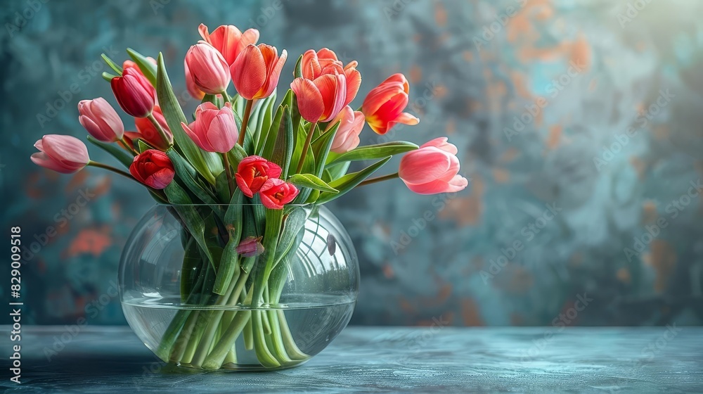 Arrangement of mixed tulips in a modern glass bowl, stylish setting, soft focus, natural light, centered composition, copy space on the left Arrangement of mixed tulips in a modern glass bowl, stylish setting, soft focus, natural light, centered composition, copy space on the left