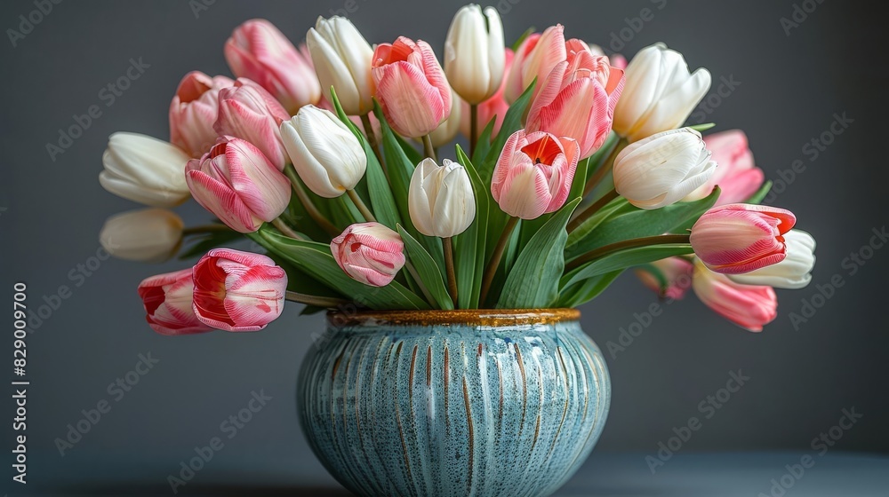 Pink and white tulips in a ceramic vase. Pink and white tulips in a ceramic vase.