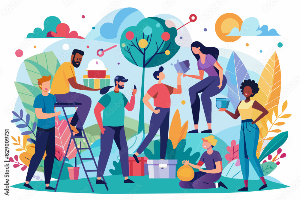 people are painting trees and other things, Individuals are engaging in the act of painting trees and various other objects. people are painting trees and other things, Individuals are engaging in the act of painting trees and various other objects.