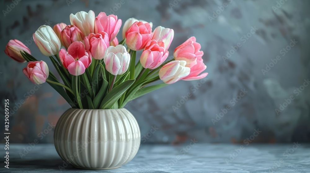 Pink and white tulips in a ceramic vase. Pink and white tulips in a ceramic vase.