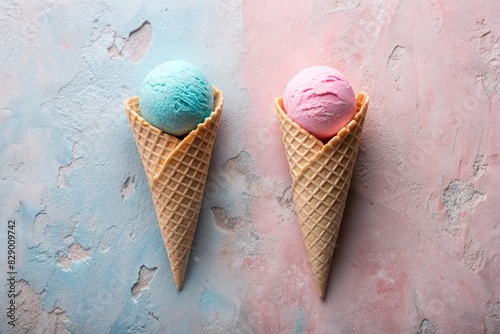 The banner. Sweet dessert. Ice cream cones with different flavors. Blue, pink ice cream on a background of two pastel colors: blue and pink. photo