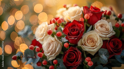 A beautiful bouquet of red and white roses with bokeh lights in the background.