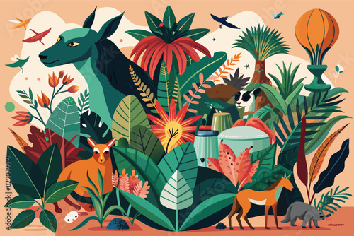 a group of animals in a jungle  A collection of wildlife residing in a tropical rainforest.