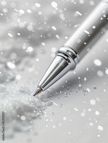 Shiny metallic pen with glittering particles in the background.