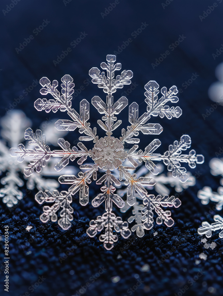 Macro photo of a delicate snowflake crystal on a dark background.