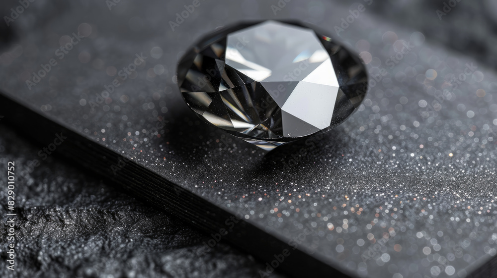 A black diamond placed on a glittery surface.