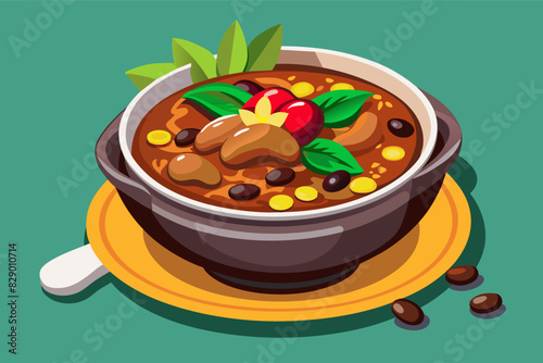 a bowl of stew with beans and corn, A serving of stew made with beans and corn.