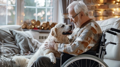 Senior Man in Wheelchair Playing with Pet Dog Indoors