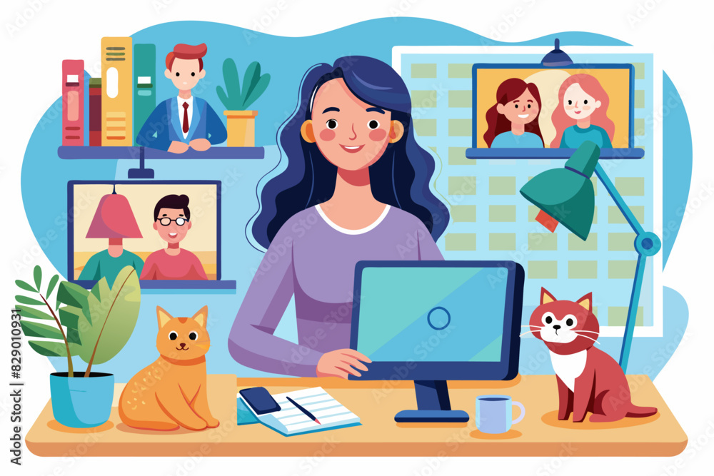 a woman sitting at a desk with a computer and a cat, A woman is seated at a desk with a computer, accompanied by a cat. a woman sitting at a desk with a computer and a cat, A woman is seated at a desk with a computer, accompanied by a cat.
