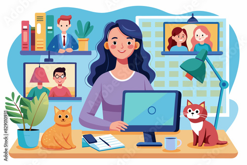 a woman sitting at a desk with a computer and a cat  A woman is seated at a desk with a computer  accompanied by a cat.