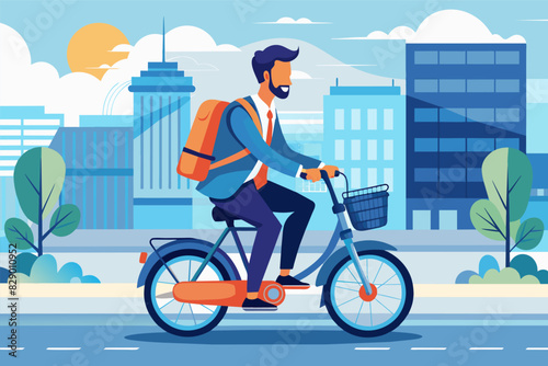 a man riding a bike with a backpack on the back, A male individual is cycling while carrying a backpack attached to the rear of the bicycle.