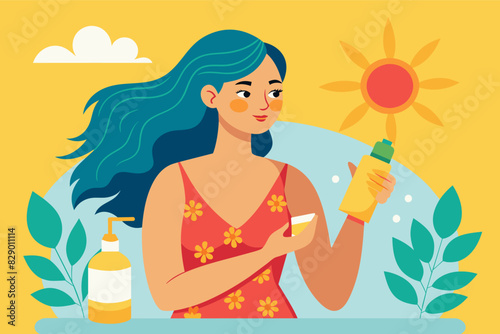 a woman in a red dress is holding a bottle of sunscreen, A woman wearing a red dress holds a bottle of sunscreen.