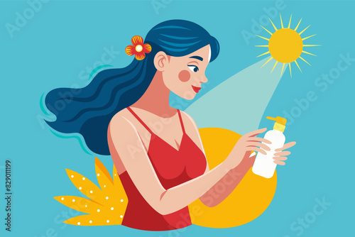 a woman in a red dress is holding a bottle of sunscreen, A woman wearing a red dress holds a bottle of sunscreen.