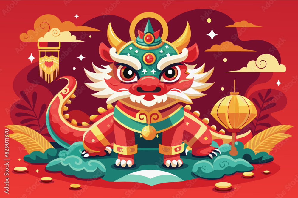 a cartoon chinese dragon with a red background, A Chinese dragon cartoon set against a vibrant red background.