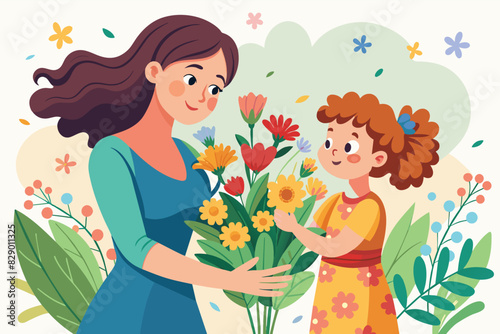 a woman giving a girl flowers  A lady bestowing a bouquet of flowers to a young girl.