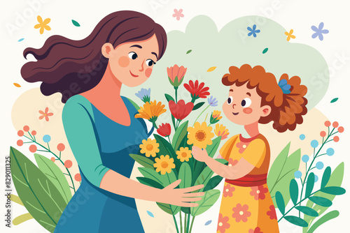 a woman giving a girl flowers, A lady bestowing a bouquet of flowers to a young girl.