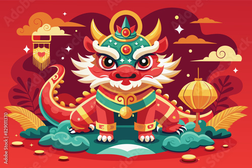 a cartoon chinese dragon with a red background  A Chinese dragon cartoon set against a vibrant red background.