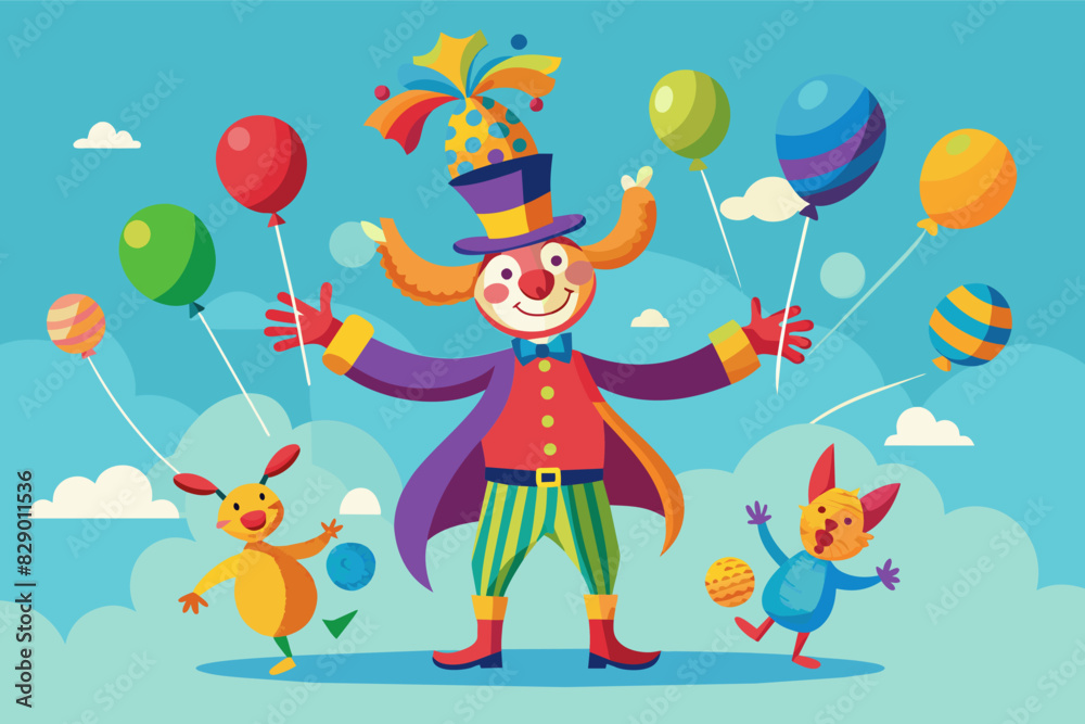 a clown juggling with balloons and a hat, An entertainer simultaneously handling balloons and a hat.