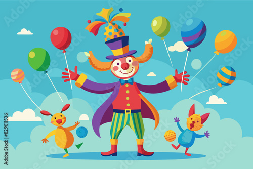 a clown juggling with balloons and a hat  An entertainer simultaneously handling balloons and a hat.