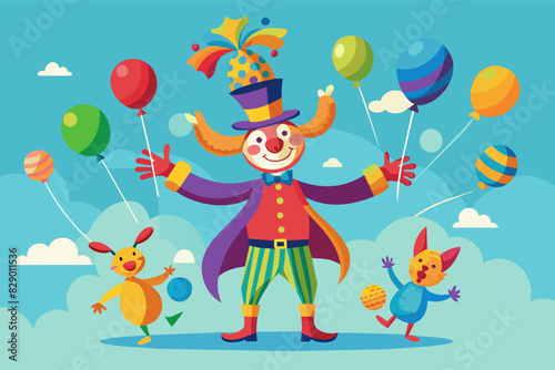 a clown juggling with balloons and a hat, An entertainer simultaneously handling balloons and a hat.