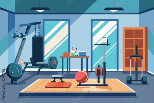 a gym room with a tread machine, exercise equipment, and a ball, A fitness space equipped with a treadmill, various exercise machines, and a fitness ball.