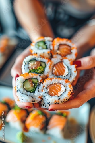 close up of sushi in hands. Selective focus
