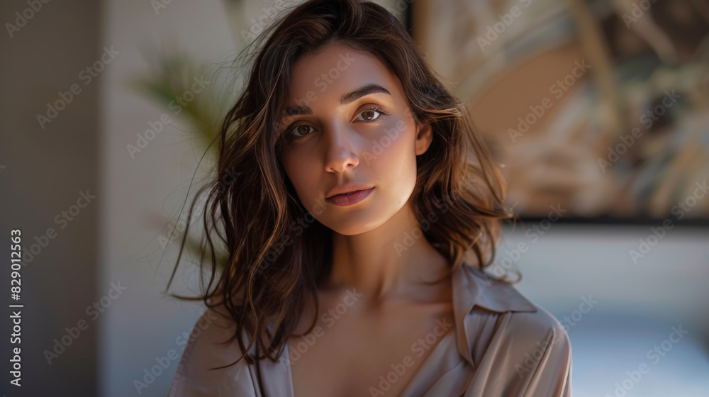 Fototapeta premium Digital influencer woman posing a portrait on social media, with soft and natural makeup