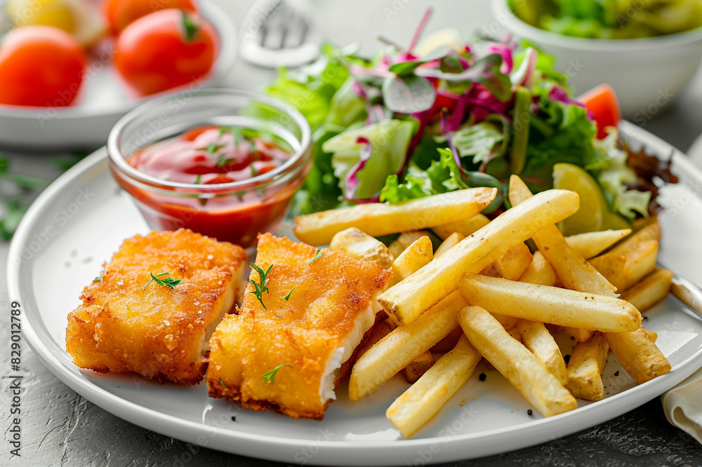Fischfilet, paniert mit Pommes und Salat