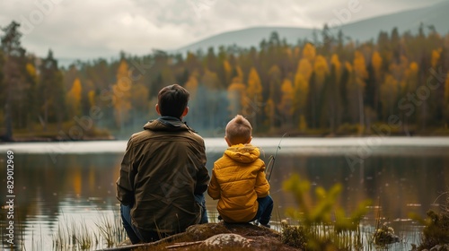 Father and Toddler Son Fishing by Lake Outdoors