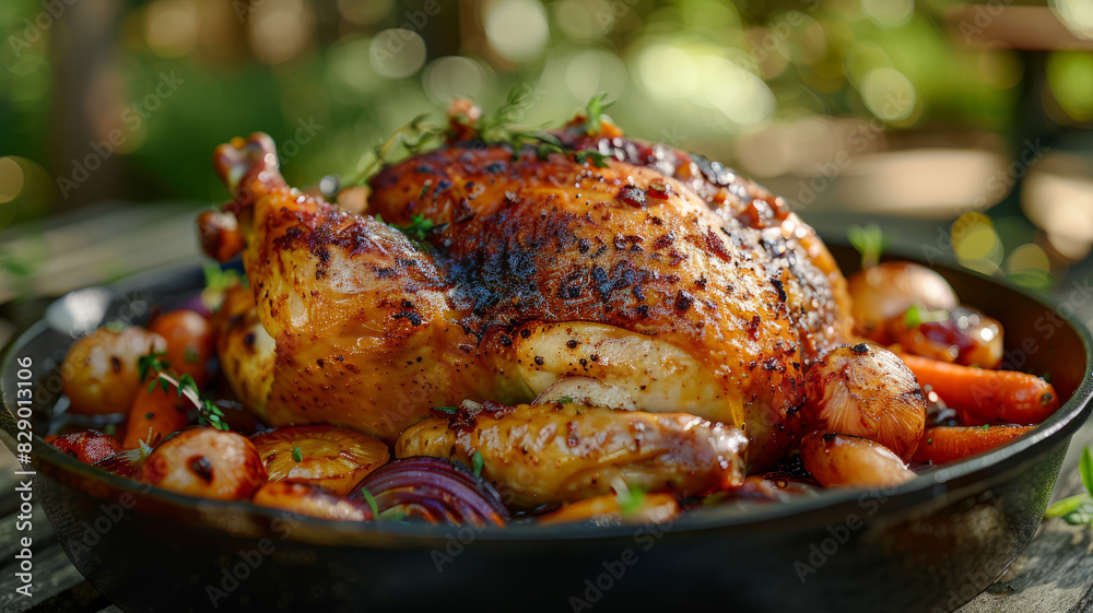 A roast chicken with crispy skin surrounded by vegetables. A roast chicken with crispy skin surrounded by vegetables.
