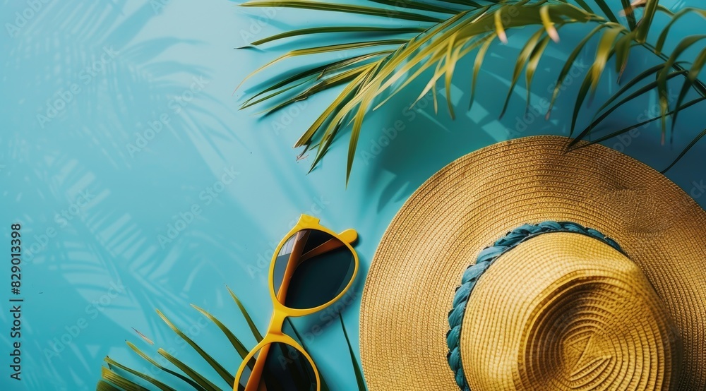 Bright yellow summer hat and sunglasses over tropical palm leaves on ...