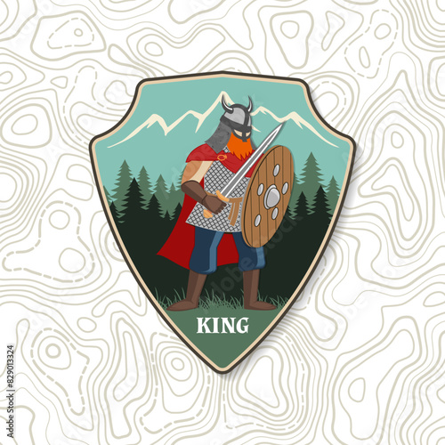 Viking warrior logo, badge, sticker. Vector illustration. For emblems, labels. Patch design heraldic shield with a viking in helmet with battle sword and round shield