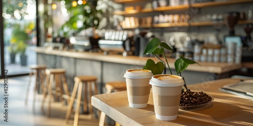 Two disposable coffee cups with latte art sit on a wooden counter in a modern  bright cafe setting