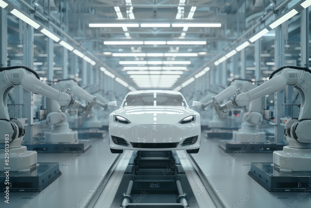 Modern passenger car factory assembly line with industrial robots, white background Modern passenger car factory assembly line with industrial robots, white background