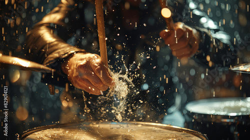 A male drummer's hands playing in the rain, water splashing off the drums.