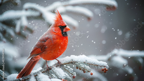 A bright red cardinal perched on a snowy branch during winter.