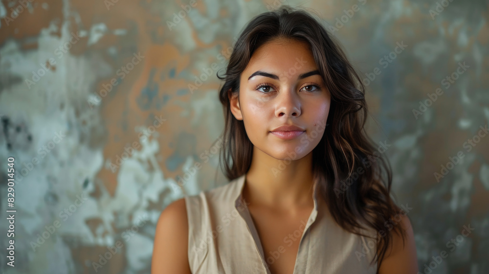 Digital influencer woman posing a portrait on social media, with soft and natural makeup